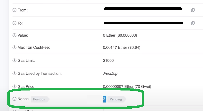 Fix a pending Ethereum transaction nonce position