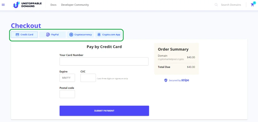pay for a .crypto domain extension at unstoppable domains. Purchase with crypto, credit card, paypal