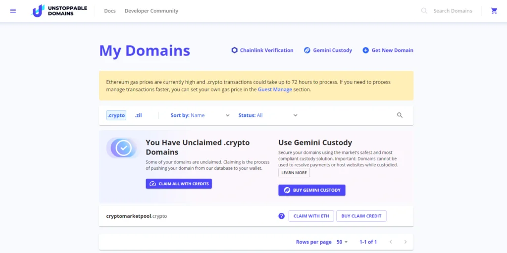 Claim your unstoppable domain .crypto Sign transaction with wallet