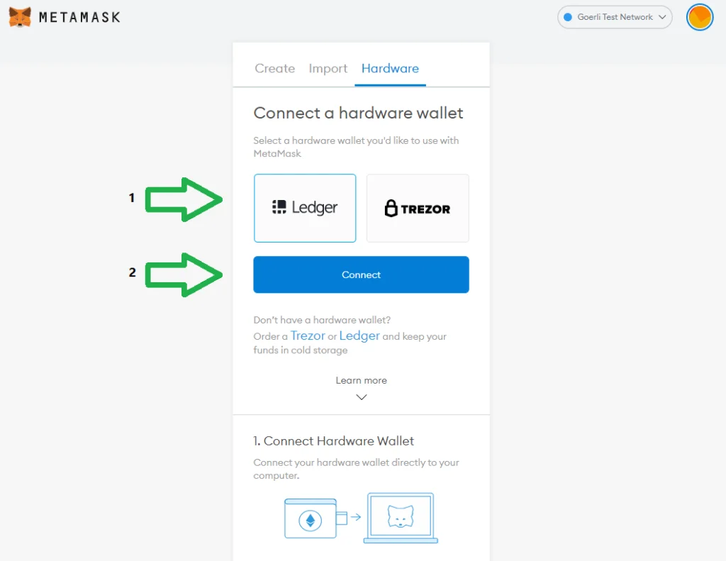 use ledger trezor hardware wallet in Metamask connect