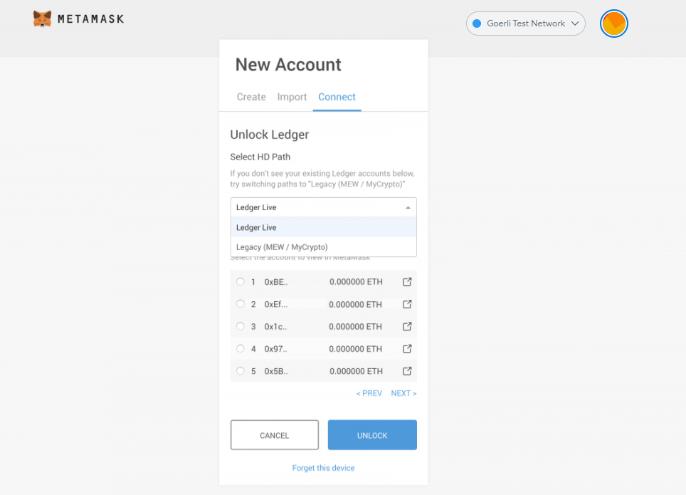 use ledger hardware wallet in Metamask select ledger nano account