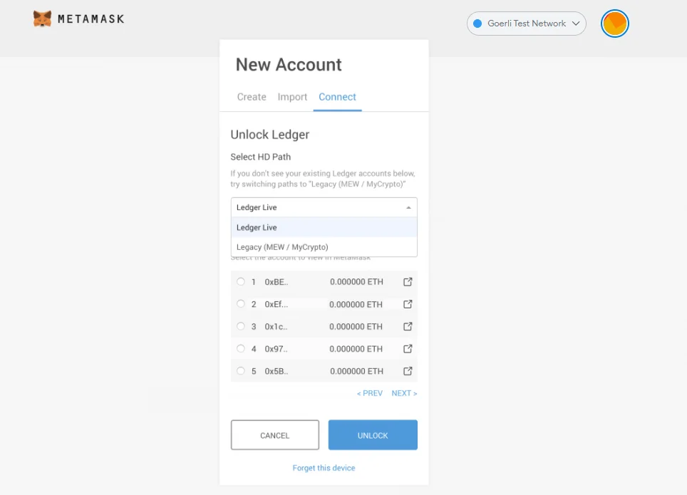 use ledger hardware wallet in Metamask select ledger nano account