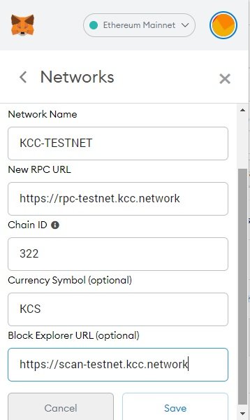 Configuración de red de prueba de metamáscara de cadena de bloques KCC Kucoin