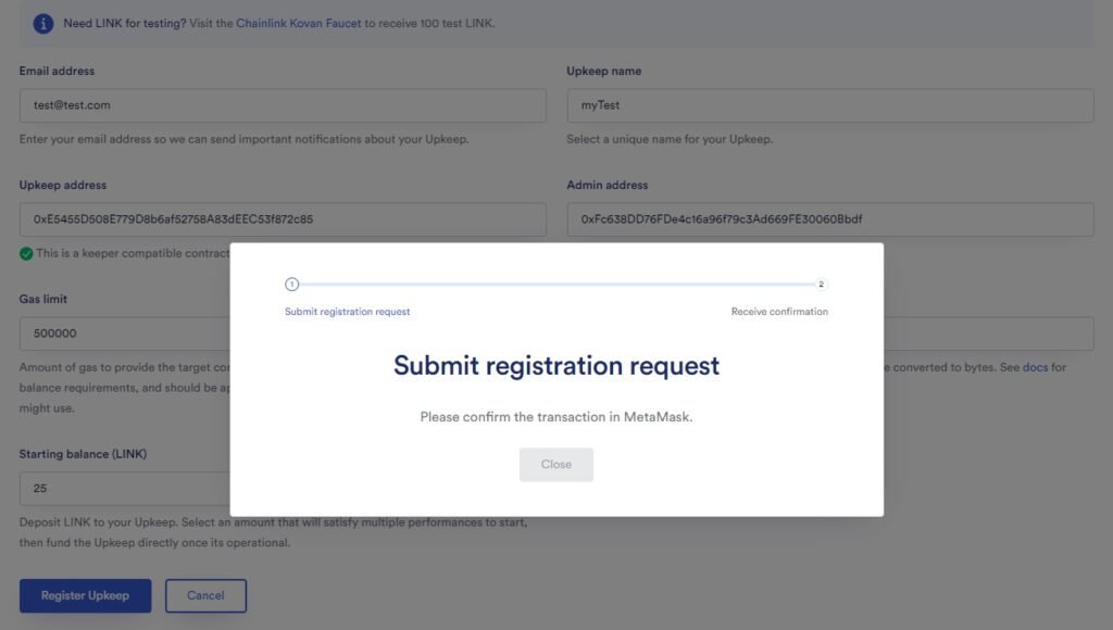 chain link keeper submit registration request