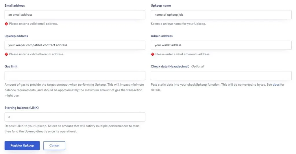 chain link keeper registration form for upkeep