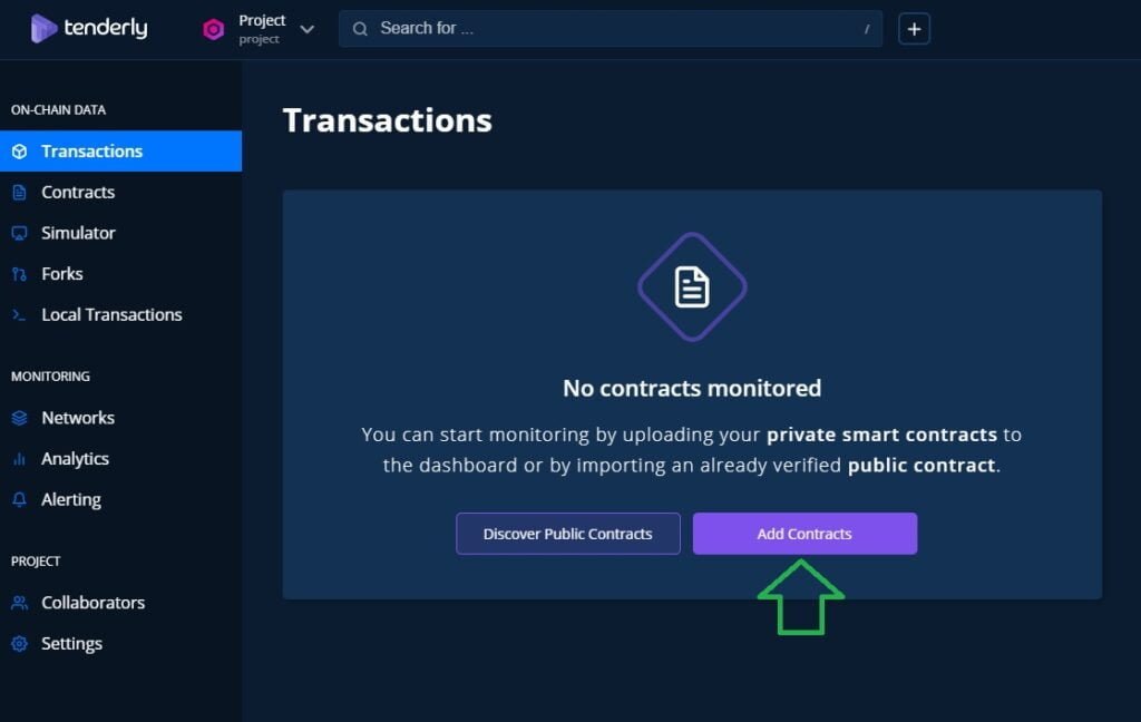 tenderly Toolkit features log into your account and add a smart contract to monitor