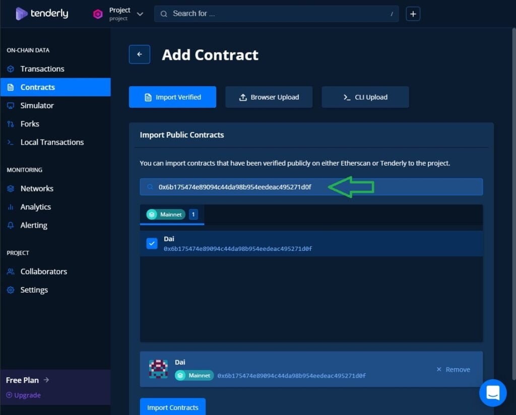 tenderly Toolkit features add the smart contract address, select the contract then import it.