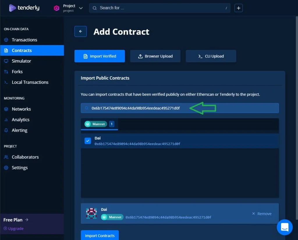 tenderly Toolkit features add the smart contract address, select the contract then import it.