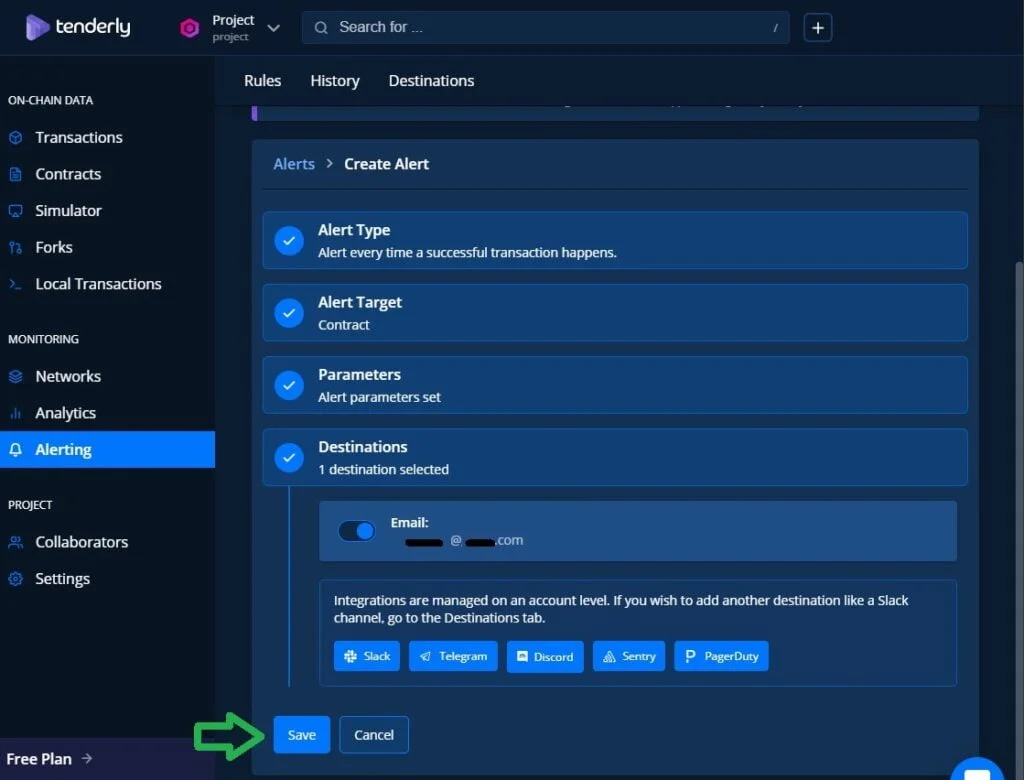 tenderly smart contract alert destination email, discord, telegram