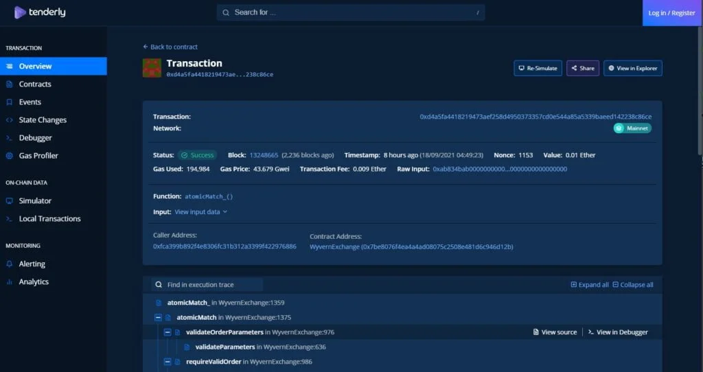 tenderly Toolkit features transaction search