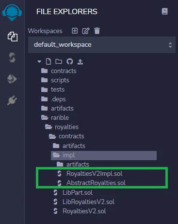 Remix directory structure for NFT ERC721 contract that supports secondary sales royalties file explorer in remix. Dependencies