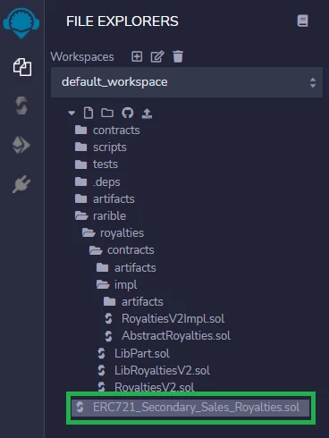Remix directory structure for NFT ERC721 contract that supports secondary sales royalties file explorer in remix